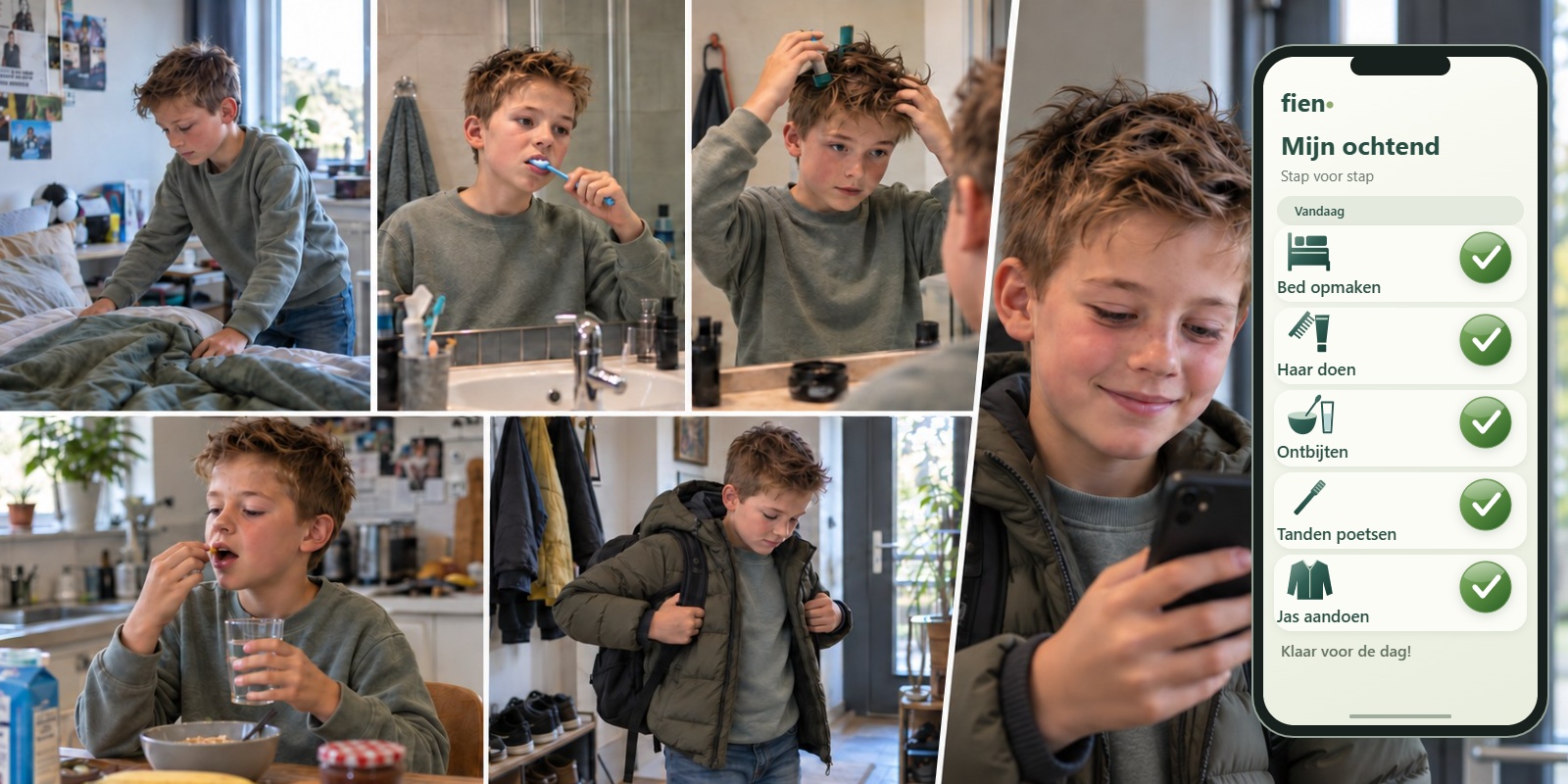 Ontwerpbeeld van een kind dat zijn ochtendstappen volgt